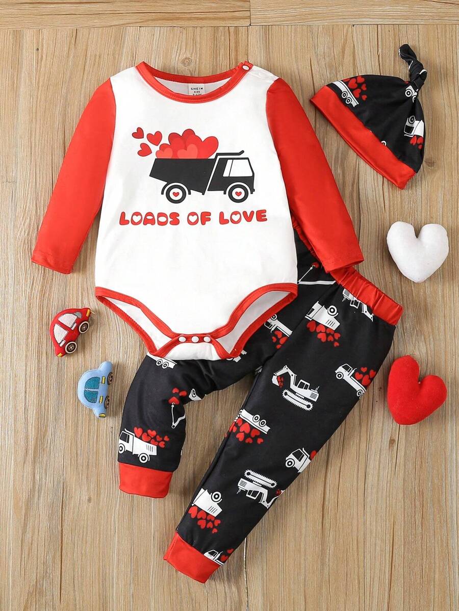 Baby Boy Cartoon And Text Print Bodysuit And Pants Set - Black and White - View 1