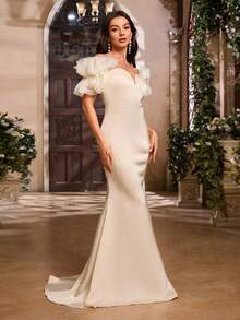 Elegant Off-Shoulder Mesh Ruffle Hem Long Dress