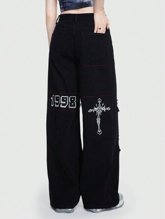 Street Life Vaqueros Denim Casuales Lavados Y Rasgados Con Estilo De Calle Y Bordado De Cruz 1998