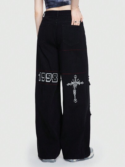 Street Life Lässige Straßenmode Kreuzstickerei 1998 Zerrissen, Distressed Gewaschene Denim-jeans