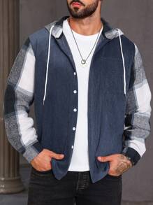 Manfinity Homme Men Plus Hooded Plaid Shacket With Upward Button And Drawstring Design