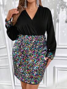 SHEIN Clasi Plus Size Wrap Neckline Sequined Dress