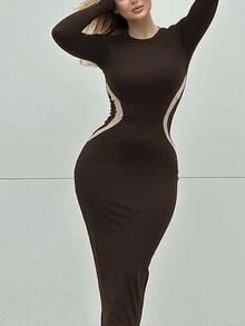 Women's Round Neck Colorblock Bodycon Dress, Elegant