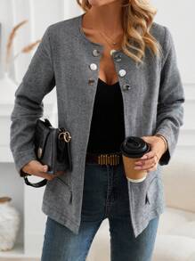 SHEIN LUNE Abrigo de mujer con detalles de botones y estampado de pata de gallo