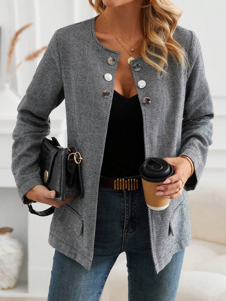 Women's Houndstooth Print Button Detail Overcoat Fall Cloth For Women