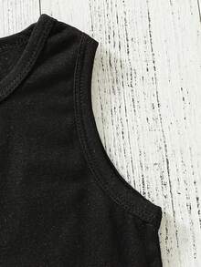 SHEIN Toddler Girls' 3pcs/Set Letter Printed Hoodie, Black Tank Top, Patched Detail Skirt Outfits - Grey - View 6