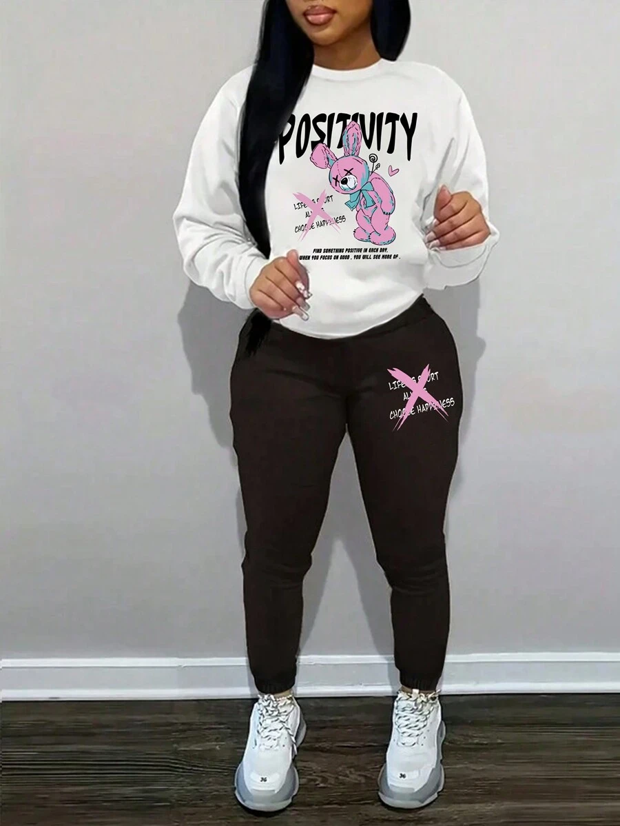 SHEIN Slayr Của phụ nữ Hoạt hình Lá thư In Áo chui đầu Áo nỉ Và Quần thể thao Hai chiếc Bộ - Nhiều màu - Xem 1