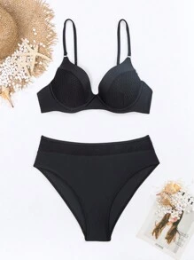 SHEIN Swim Bộ bikini hai mảnh màu trơn dành cho nữ đi biển mùa hè Carnival - màu đen - Xem 8
