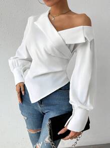 Calvaya 女士不对称肩部灯笼袖衬衫、长袖上衣 - 白色 - 查看 3