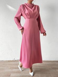 SHEIN Privé Women's Lantern Sleeve Dress With Draped Design - Dusty Pink - View 7