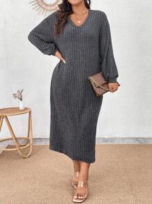Calvaya 女式大尺碼圓領羅紋連身裙,不含腰帶 - 灰色 - 查看 6