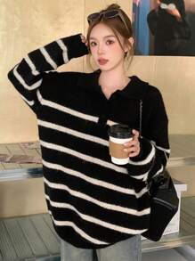 DAZY Áo len chui đầu kẻ sọc vai trễ thường ngày, quần áo mùa thu - màu đen - Xem 3