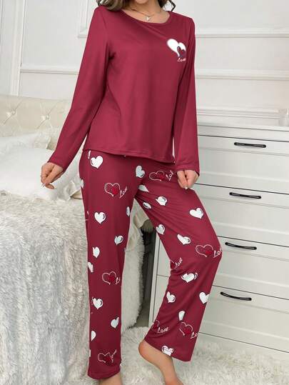 Full Printed Heart Letter Long Sleeve Top Pants Pyjama Set, Fall Clothes view 3