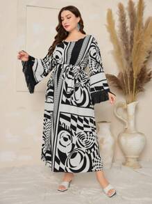 Al Najma Vestido de manga larga con estampado de talla grande y decoración de flecos - Negro - Ver 3