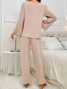 Lace Trimmed Bell Sleeve Top And Pants Pajama Set - Apricot - View 2