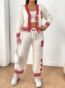 Flirla Của phụ nữ Kích thước lớn Tương phản Màu sắc Tim & Mẫu chữ Áo len Bộ - Màu be - Xem 5