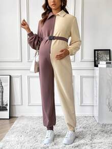 SHEIN Thai sản Khối màu Áo liền quần Với Thắt Lưng - Nhiều màu - Xem 8