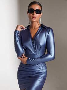 SHEIN BAE 裹領長袖 Pu 皮革連身裙 - 寶藍色 - 查看 4