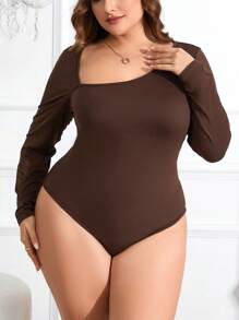 SHEIN Privé Plus Size Women'S Elegant Asymmetrical Neckline Bodysuit - Coffee Brown - View 1