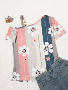 Asymmetric Collar Contrast Striped Floral Print Shirt - Multicolor - View 1