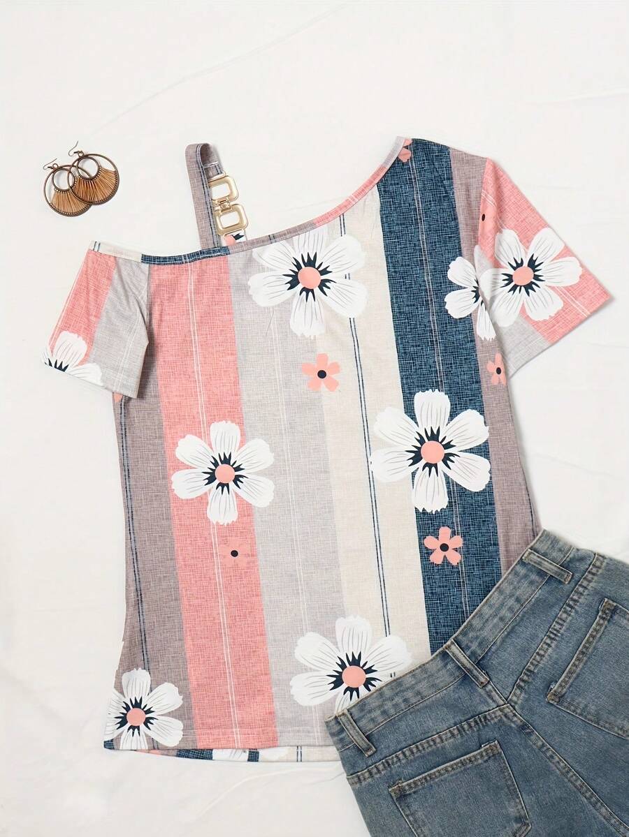 Asymmetric Collar Contrast Striped Floral Print Shirt - Multicolor - View 1