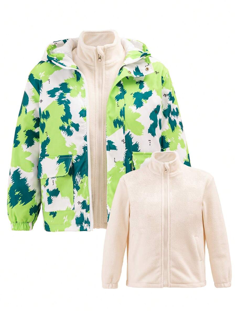 Tween Boy 拼色连帽加厚外套（内有羊毛）2 件/套 - 軍綠色 - 查看 1