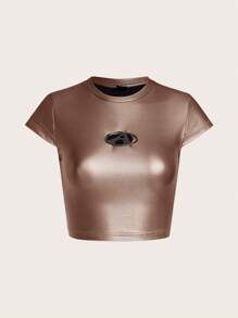 SHEIN ICON 女款拼布細節短袖 T 卹 - 香檳色 - 查看 1