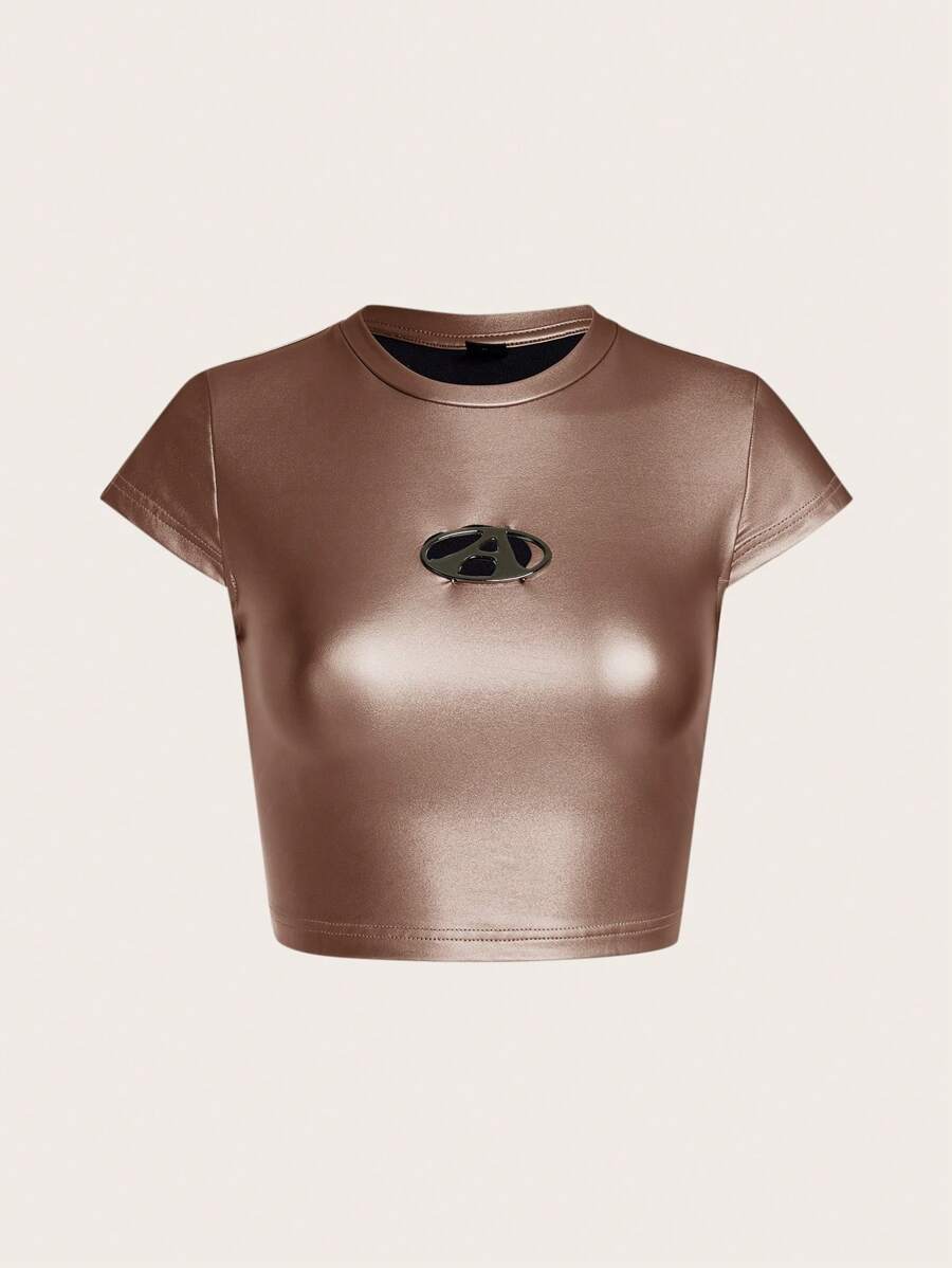 SHEIN ICON 女款拼布細節短袖 T 卹 - 香檳色 - 查看 1