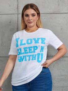 RueChic Plus Size Women's Slogan Printed Short Sleeve T-shirt - أبيض - مشاهدة 5