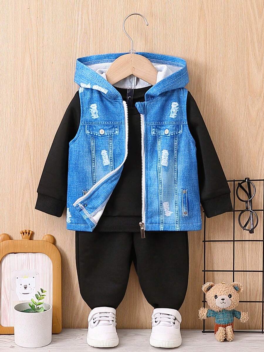 Baby Boys' Denim Effect Hooded Vest Jacket With Solid Color Sweatshirt And Pants Set - Blue - View 1