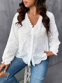 SHEIN LUNE Kích thước lớn Của phụ nữ Thêu lột vỏ Cắt tỉa Áo sơ mi - trắng - Xem 1