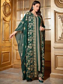 Women's Elegant Long Sleeve Embroidered Dress With Bat Sleeves, Featuring Random Embroidery, Ribbon Patchwork Details, Arabic Style Two Pieces Set - Green - View 7