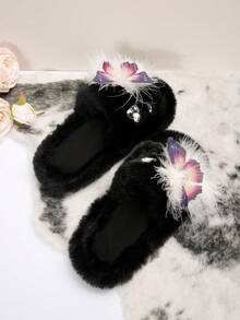 Faux Feather Butterfly Rhinestone Heart-shaped Winter Warm Lady Fashionable Thick-soled Black Long Hair Household Slippers, Ideal For Elegant Look - Black - View 3