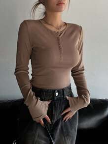 DAZY Button Front Ribbed Knit Tee,Fall Clothes Long Sleeve Women Tops - Coffee Brown - View 3