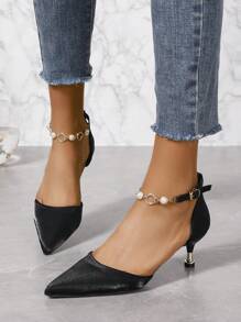 Black Satin Rhinestone & Faux Pearl Decorated Ankle Strap Hollow Out Pointed Toe High Heeled Shoes - Black - View 5