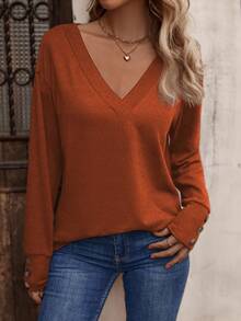 SHEIN LUNE 按鈕裝飾長袖t恤 - 橘色 - 查看 5