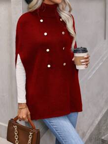 SHEIN LUNE Women's Turtle Neck Double-Breasted Cape Sleeve Knit Pullover Fall Winter Sweater - Burgundy - View 5