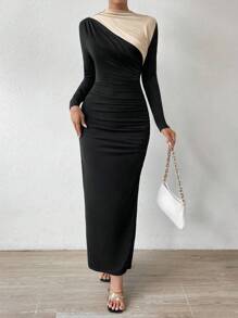 SHEIN Privé Women's High-slit Color Block Pleated Dress - Black - View 3