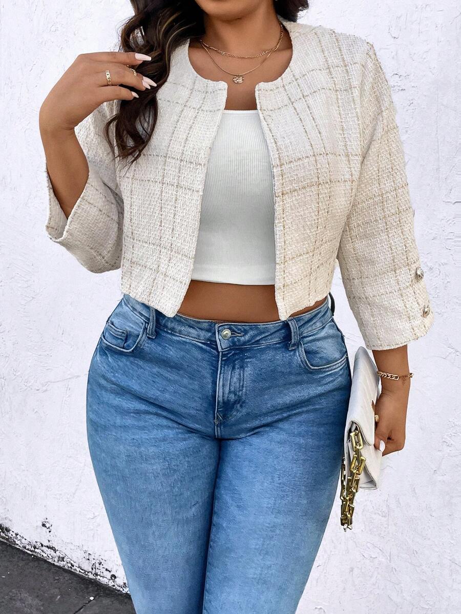 SHEIN Clasi Kích thước lớn Ngắn Kẻ sọc Áo khoác - trắng - Xem 1