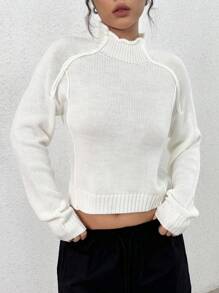 SHEIN Unity Women's Solid Color Raglan Sleeve Stand Collar Cropped Knit Pullover Fall Winter Sweater - Apricot - View 4