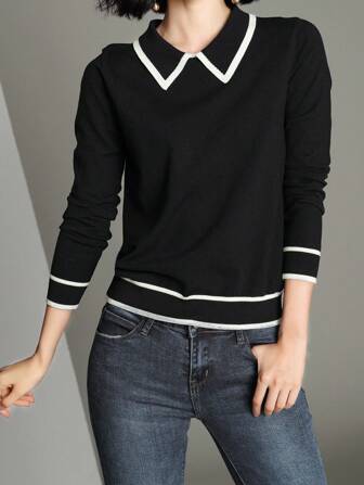 Women's Casual Long Sleeve Contrast Trim Polo Neck Sweater