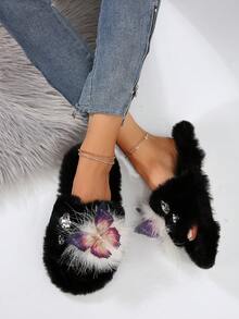 Faux Feather Butterfly Rhinestone Heart-shaped Winter Warm Lady Fashionable Thick-soled Black Long Hair Household Slippers, Ideal For Elegant Look - Black - View 4