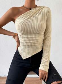 Chiquease Solid Color Asymmetrical Hem One Shoulder Top - Apricot - View 5