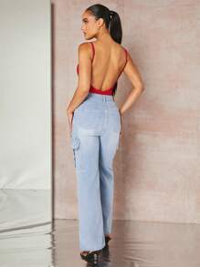 Silquee Backless Spaghetti Strap Bodysuit - Red - View 4