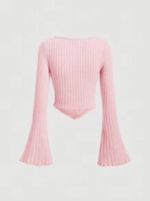 SHEIN MOD Pink Long Sleeved Ladies' Solid Color Bell Sleeve Elastic Hem Ruched Striped T-Shirt - Pink - View 2