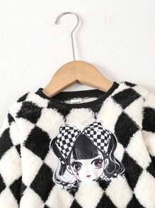 1pc Baby Girls' Elegant Cartoon Pattern Plush Sweatshirt For Fall And Winter - Black and White - View 3