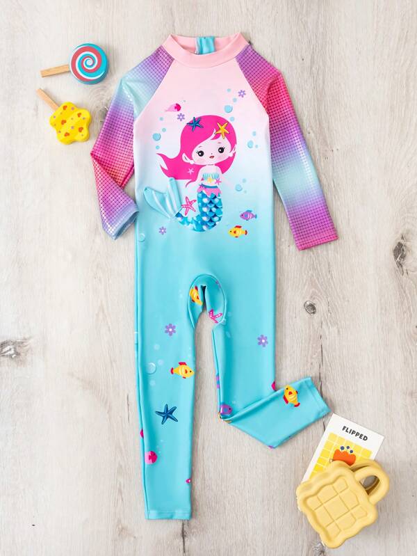 Traje De Baño De Una Pieza Con Mangas Largas Para Niña, Con Lindo Estampado De Sirena