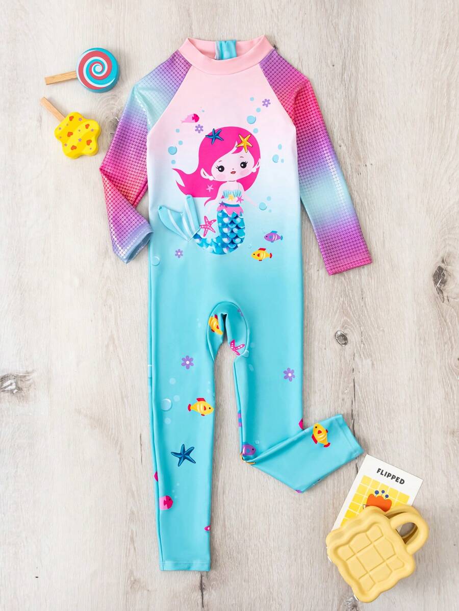 Girls Mermaid Print One-Piece Long Sleeve Swimsuit - Multicolor - View 1