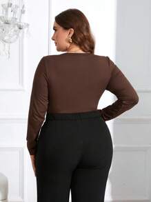 SHEIN Privé Plus Size Women'S Elegant Asymmetrical Neckline Bodysuit - Coffee Brown - View 2