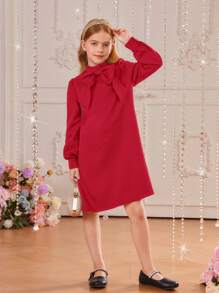 SHEIN Tween Girl Stand Collar Dress With Decorative Back Pleats And Buttons, Long Sleeve